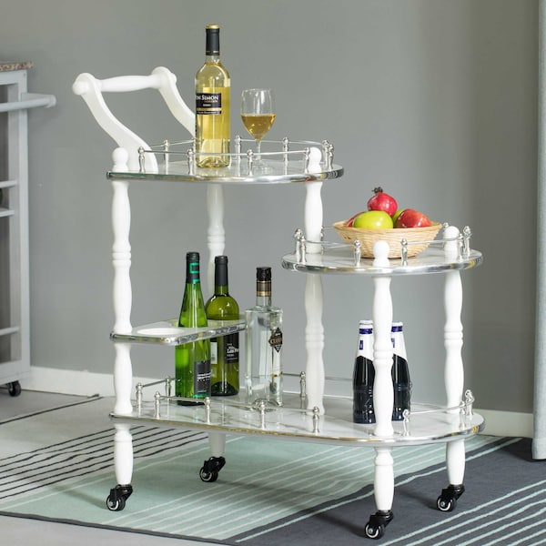 Wood Serving Bar Cart Tea Trolley With 3 Tier Shelves And Rolling Wheels, Silver, White And Gray